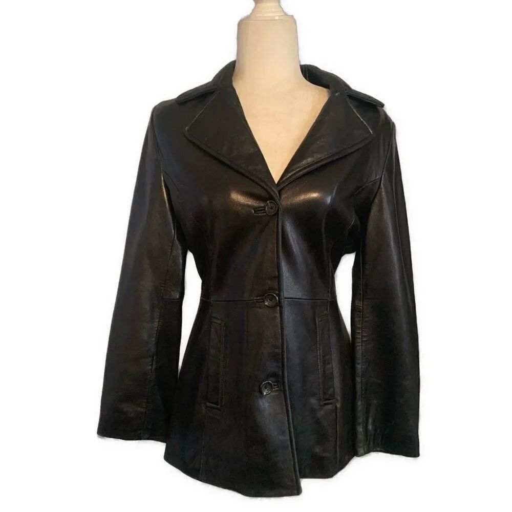 Marc New York Solid Black Genuine Leather Button Down Long Sleeve Jacket Small